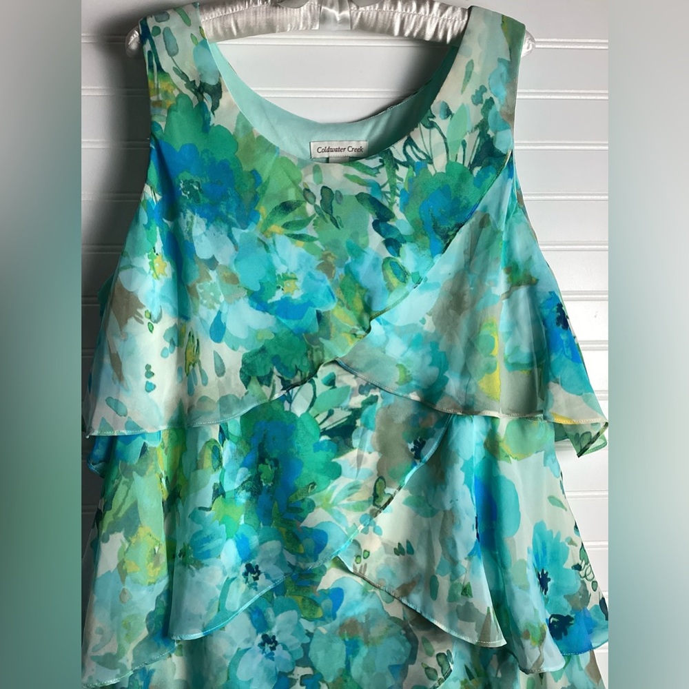 Coldwater Creek Light Blue& Green  tiered  Floral Midi Dress size PXL - Picture 3 of 12